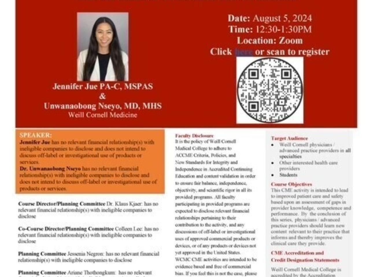 Grand Rounds flyer with headshot of Jennifer Jue and QR code